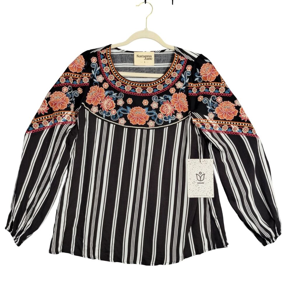 SAVANNA JANE Black Floral Embroidered Striped Long Sleeve Top Boho SIZE SMALL